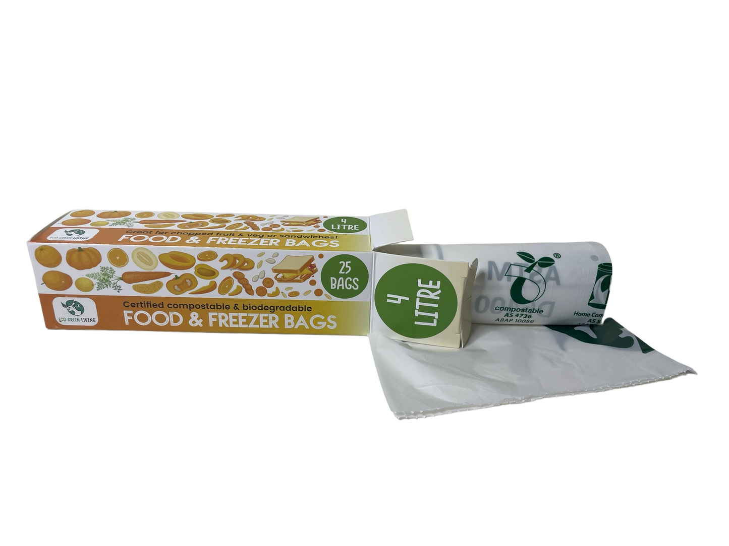 Box of food and freezer bags with a sample bag on a white background
