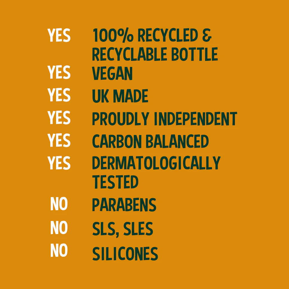 List of product features on a mustard yellow background