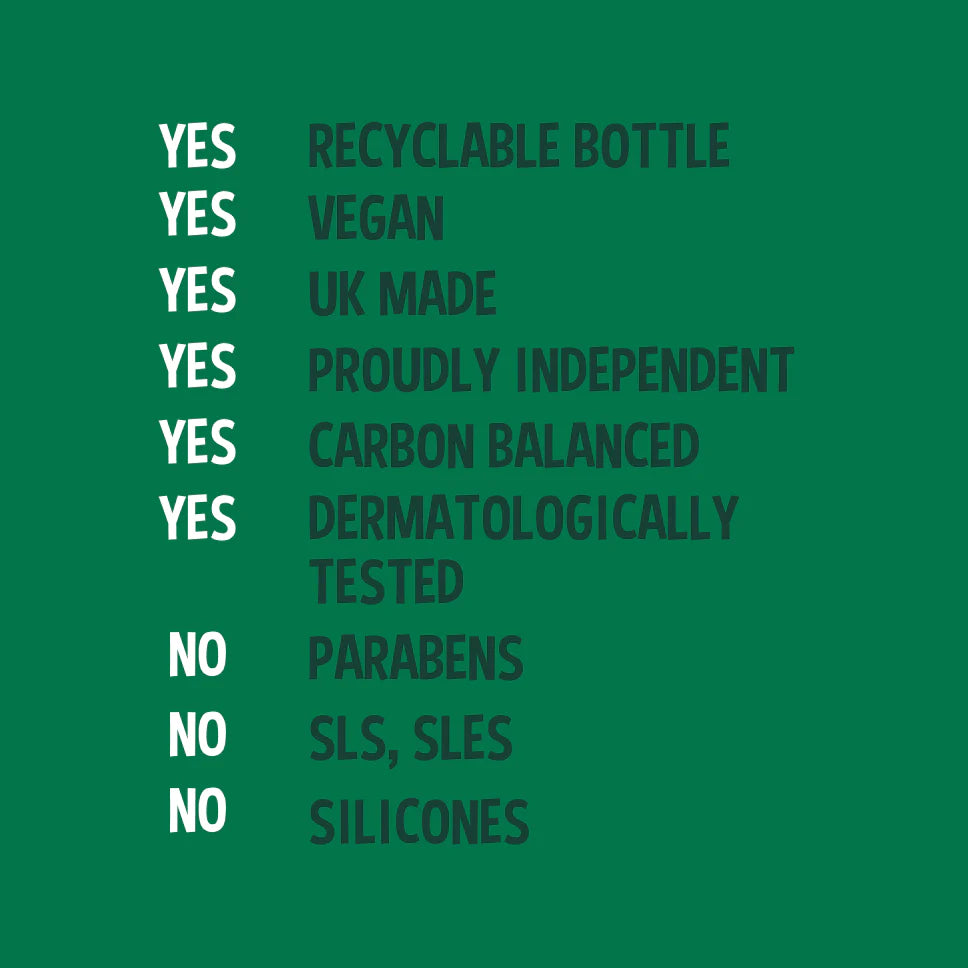 Green background with text listing product features and allergen information.