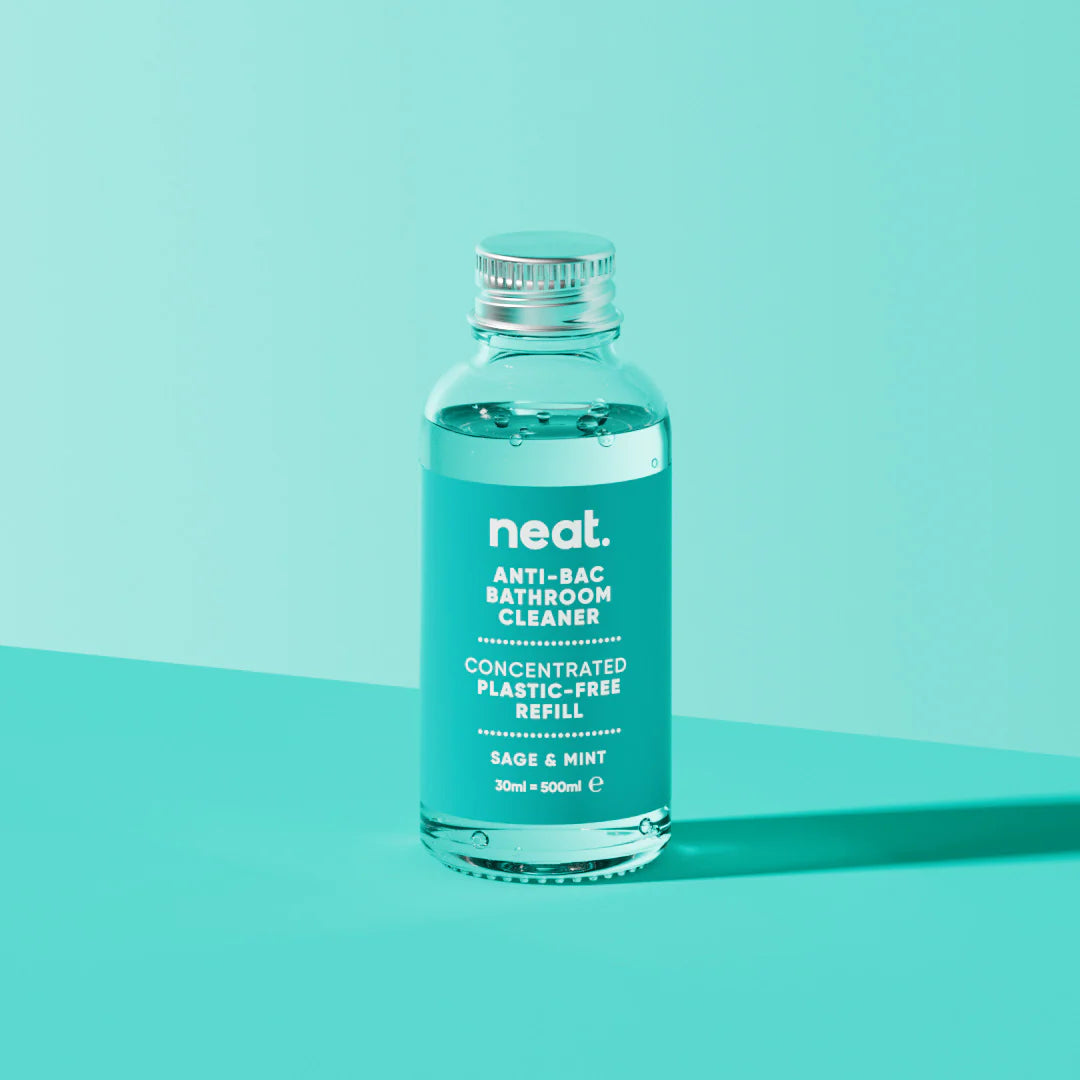 Bottle of neat anti-bac bathroom cleaner on a teal background