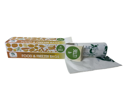 Box of food and freezer bags with a sample bag on a white background