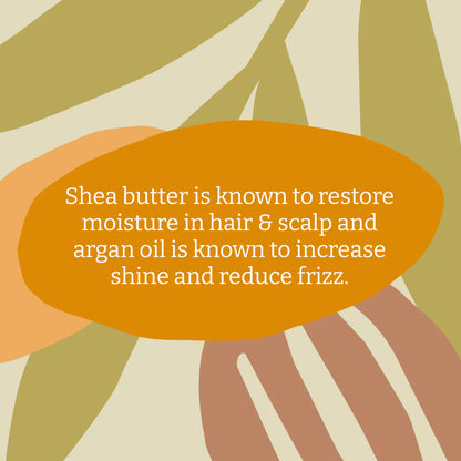 Text about shea butter and argan oil on a colorful abstract background