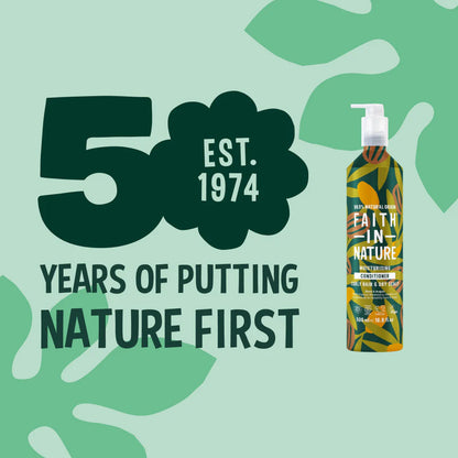 Bottle of Faith In Nature product with '50 years of putting nature first' text on a green background