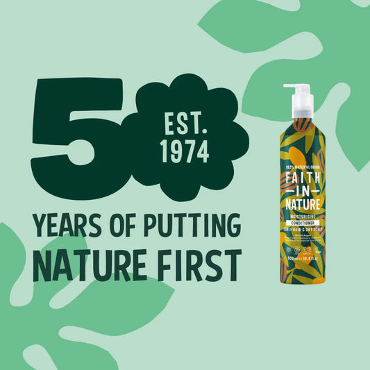 Bottle of Faith In Nature product with '50 years of putting nature first' text on a green background