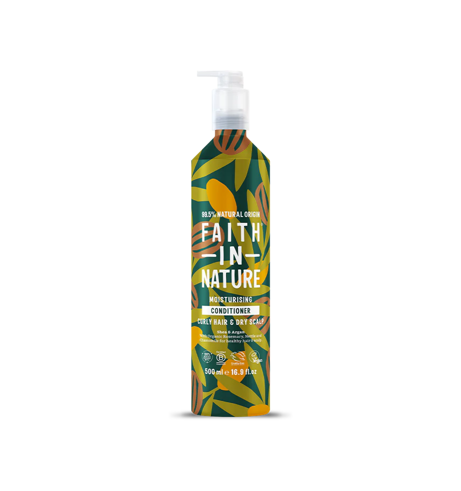 Faith In Nature conditioner bottle with leaf design on a white background
