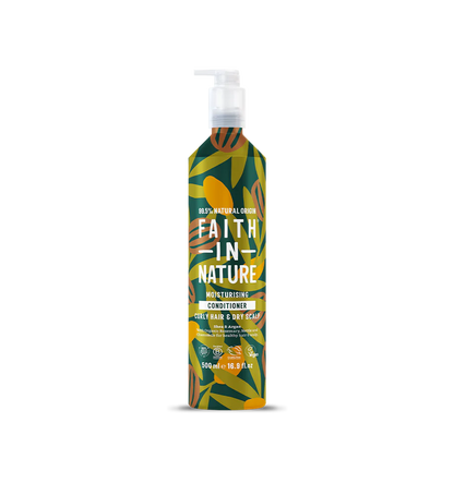 Faith In Nature conditioner bottle with leaf design on a white background