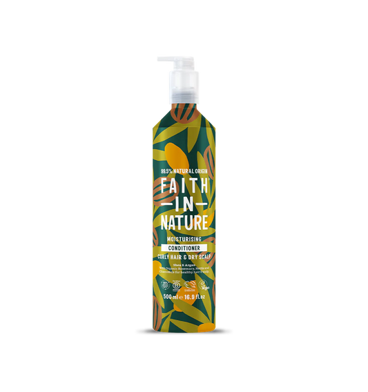 Faith In Nature conditioner bottle with leaf design on a white background