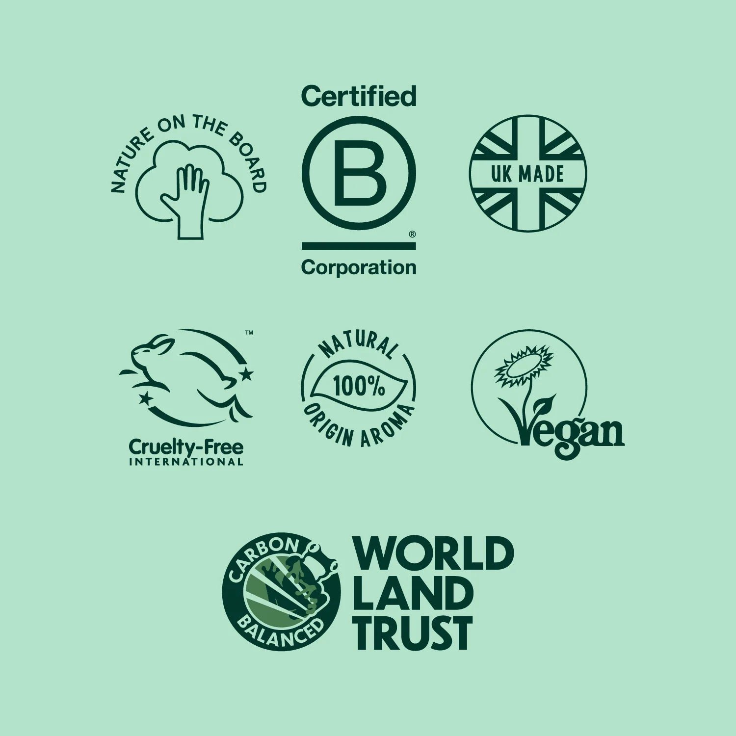 Collection of green certification logos on a light green background