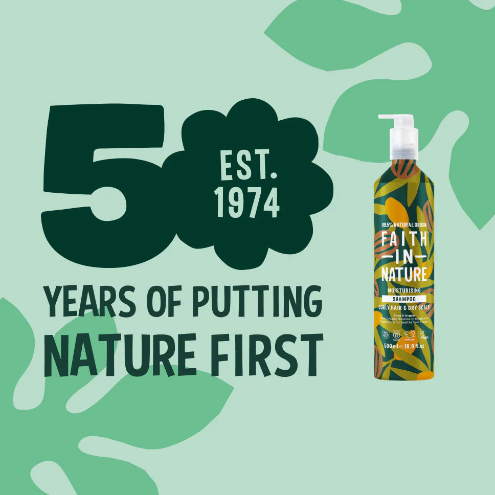Faith In Nature shampoo bottle with 50 years of putting nature first text on a green background