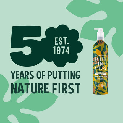 Faith In Nature shampoo bottle with 50 years of putting nature first text on a green background