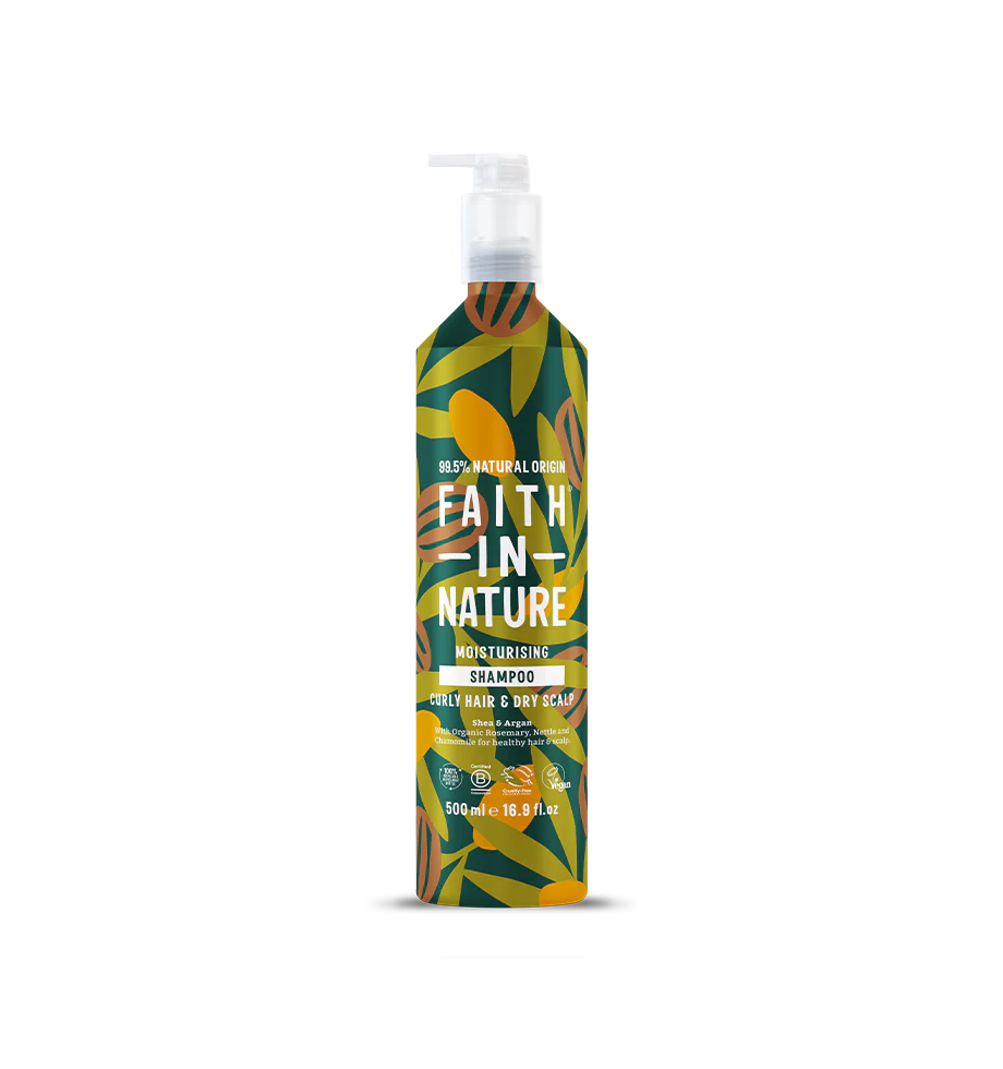Faith In Nature Shampoo bottle with leaf pattern on a white background. Shampoo for curly hair