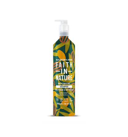 Faith In Nature Shampoo bottle with leaf pattern on a white background. Shampoo for curly hair