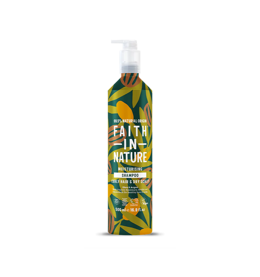 Faith In Nature Shampoo bottle with leaf pattern on a white background. Shampoo for curly hair