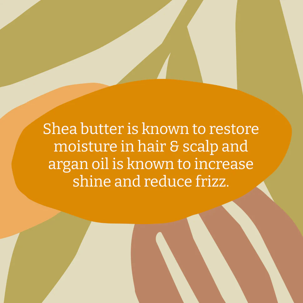 Text about shea butter and argan oil on a colorful abstract background