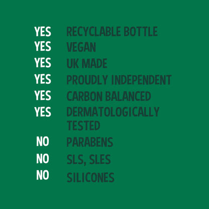 Green background with text listing product features and allergen information.