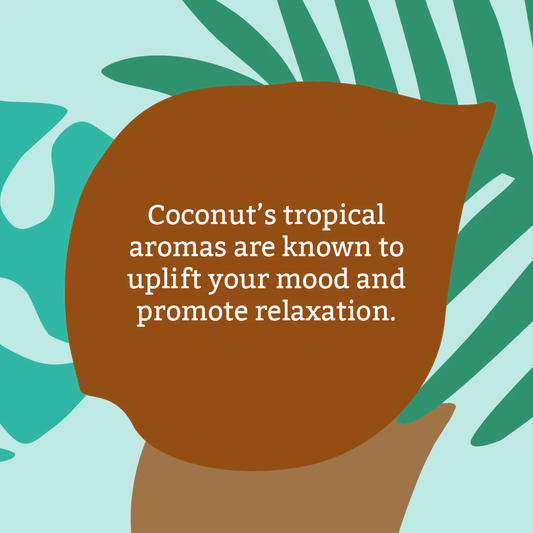 Coconut with text about tropical aromas on a tropical leaf pattern background
