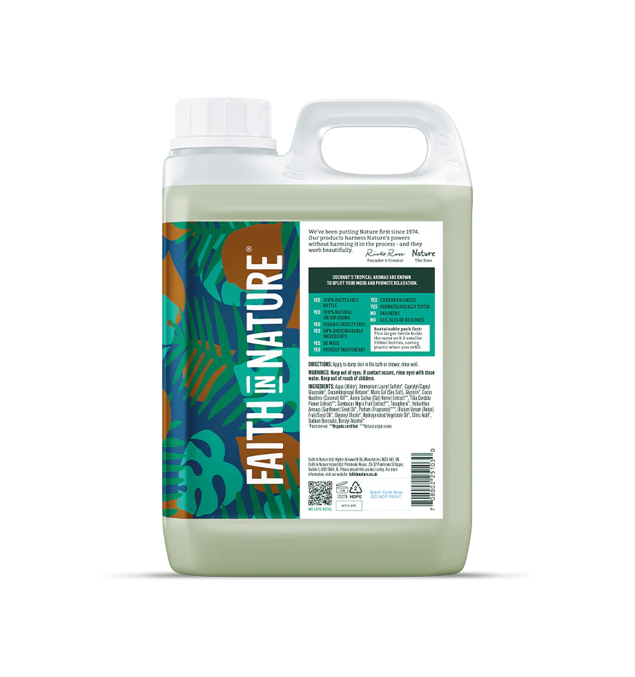 Large bottle of 'Faith in Nature' product on a white background