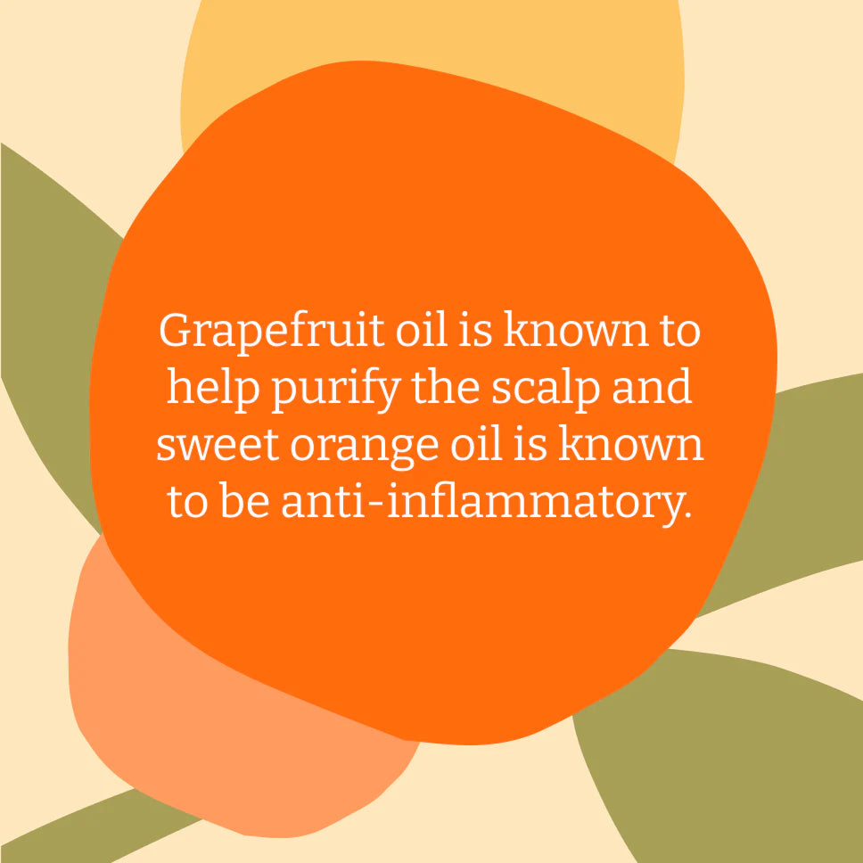 Text about grapefruit and orange oils with abstract shapes on a beige background
