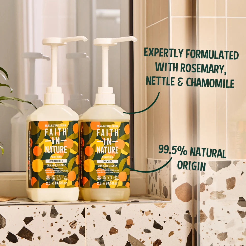 Two bottles of 'Faith in Nature' hair care products on a bathroom shelf with text about ingredients and natural origin.