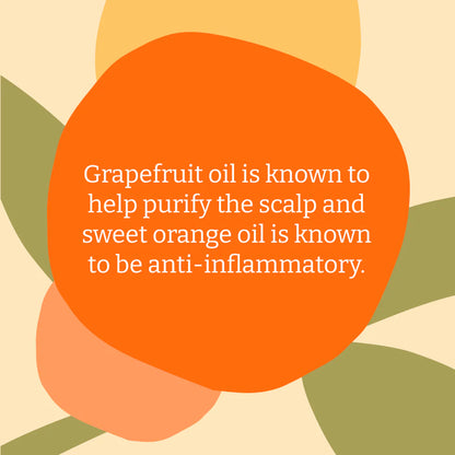 Text about grapefruit and orange oils with abstract shapes on a beige background