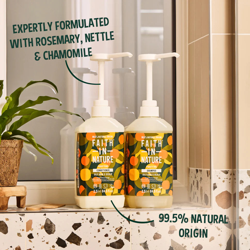 Two bottles of 'Faith In Nature' products on a bathroom counter with text about ingredients and natural origin.