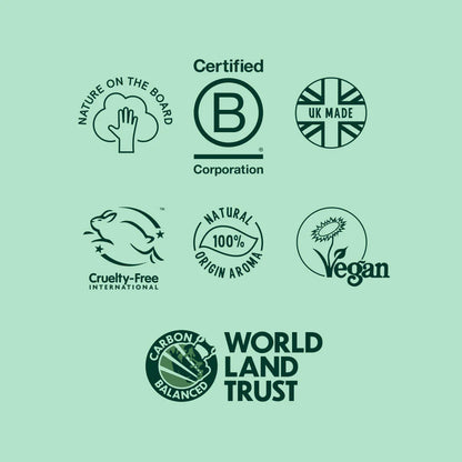 Collection of green certification logos on a light green background