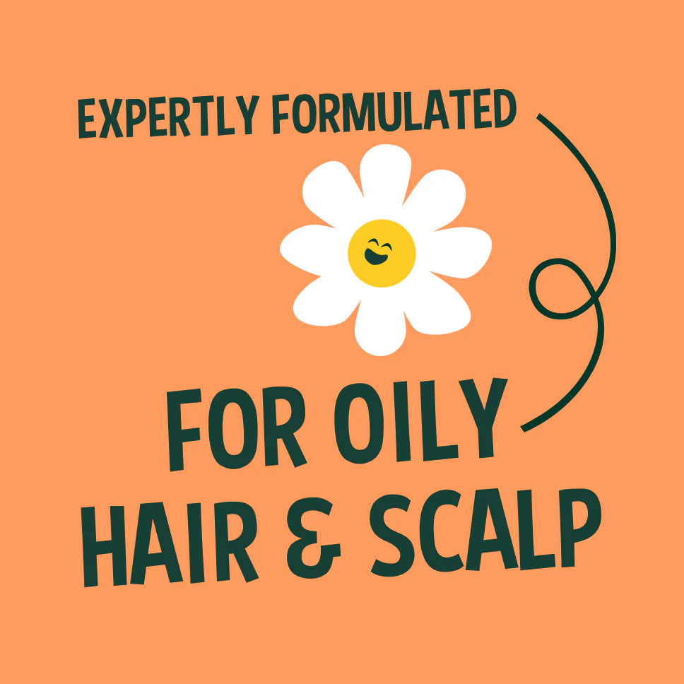 Product label for hair care with a daisy illustration on an orange background