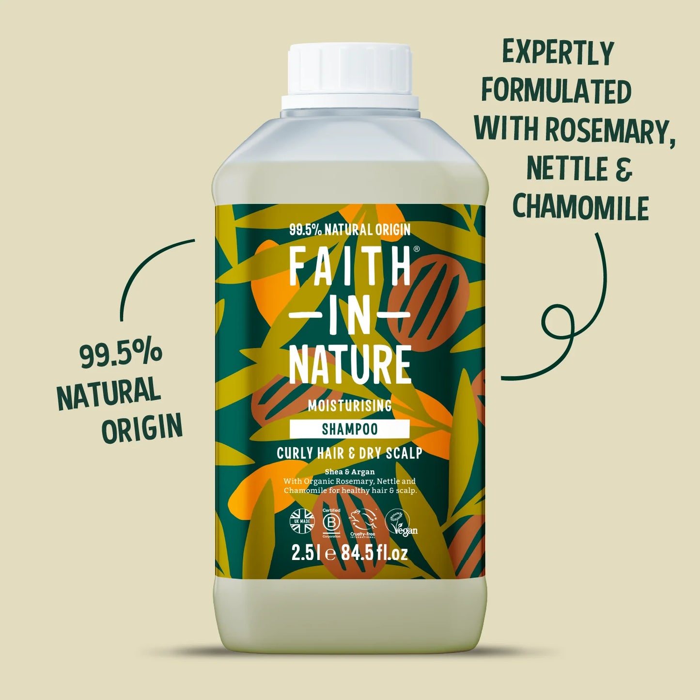 Bottle of Faith In Nature shampoo with colorful label on a beige background