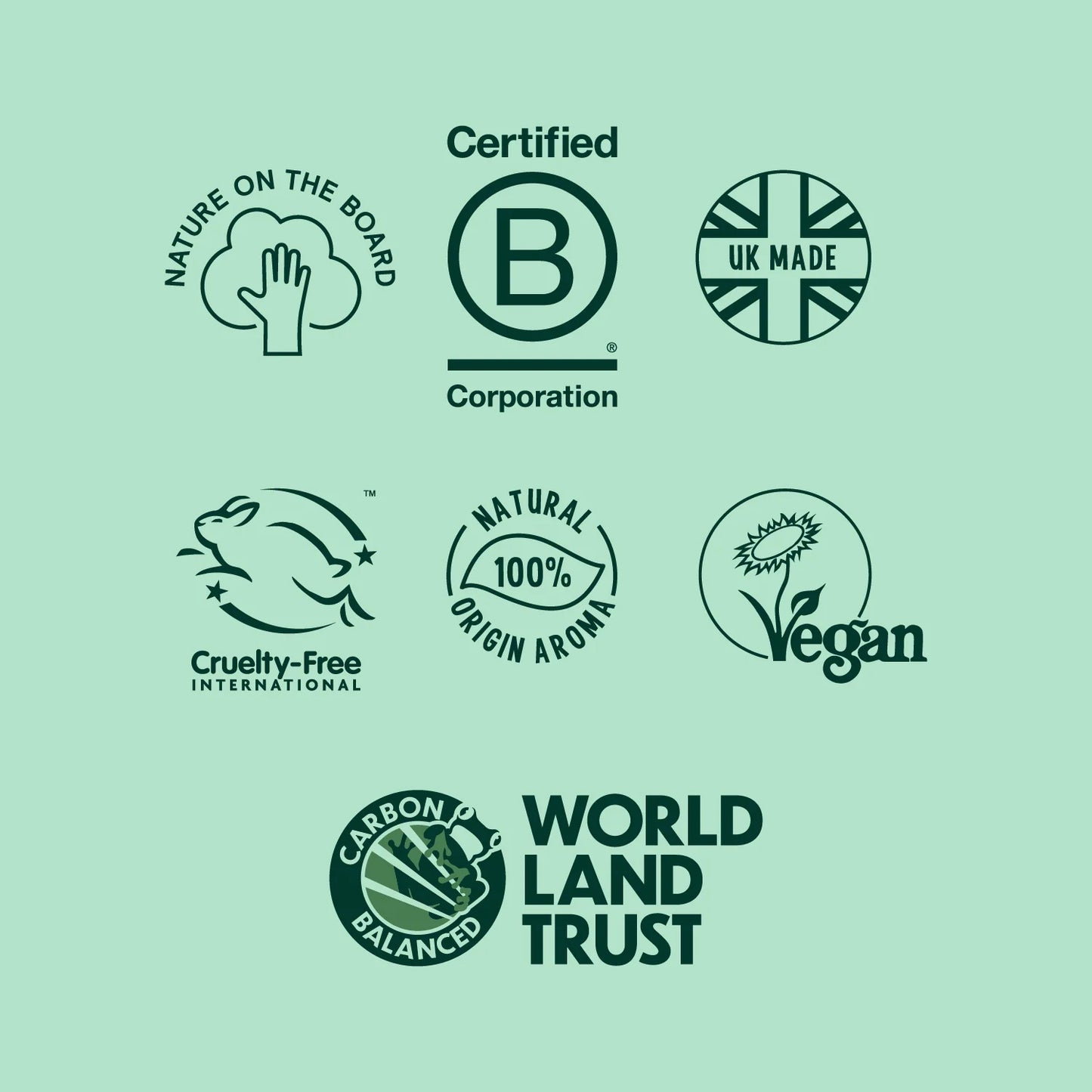 Collection of green certification logos on a light green background