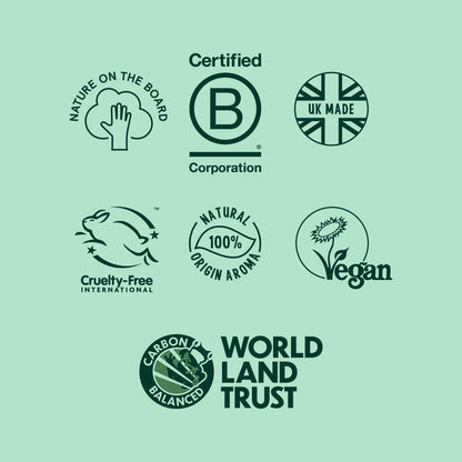 Collection of green certification logos on a light green background