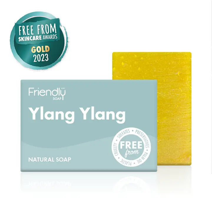 Soap box front with title Friendly soap, Ylang Ylang. with a soap bar next to it