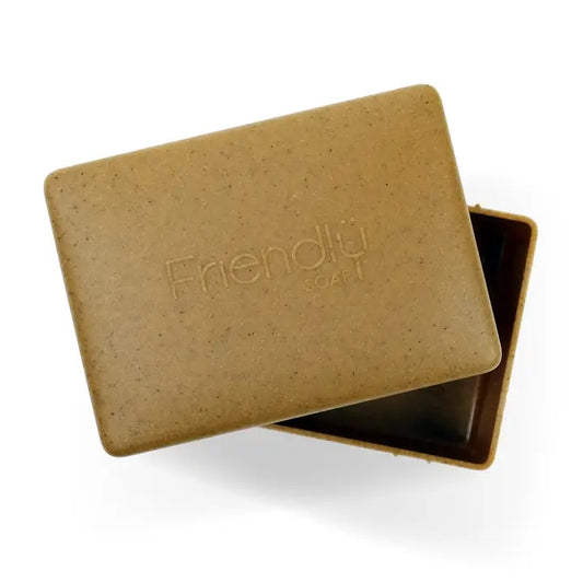 Brown soap bar with 'Friendly Soap' branding on a white background