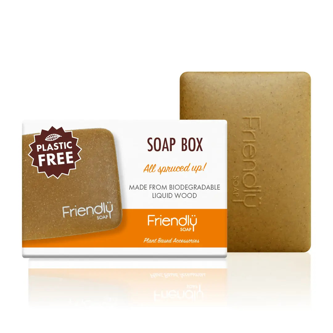 Bar of soap and packaging with 'Friendly Soap' branding on a white background
