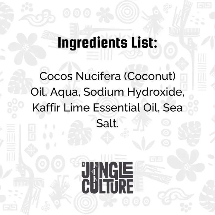 Ingredients list for a product with Jingle Culture branding on a patterned background