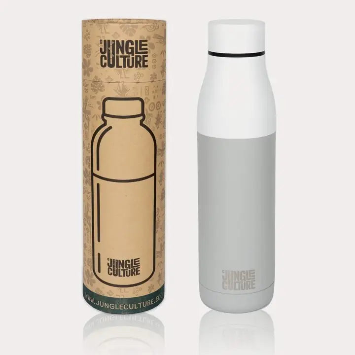 White and gray insulated bottle with 'Jungle Culture' packaging on a white background