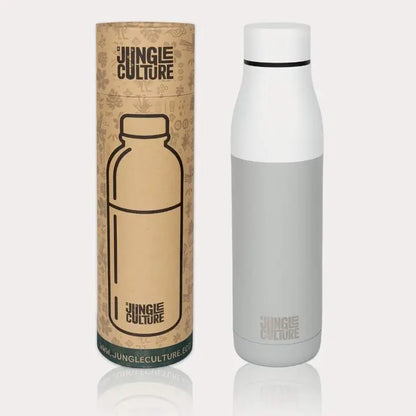 White and gray insulated bottle with 'Jungle Culture' packaging on a white background