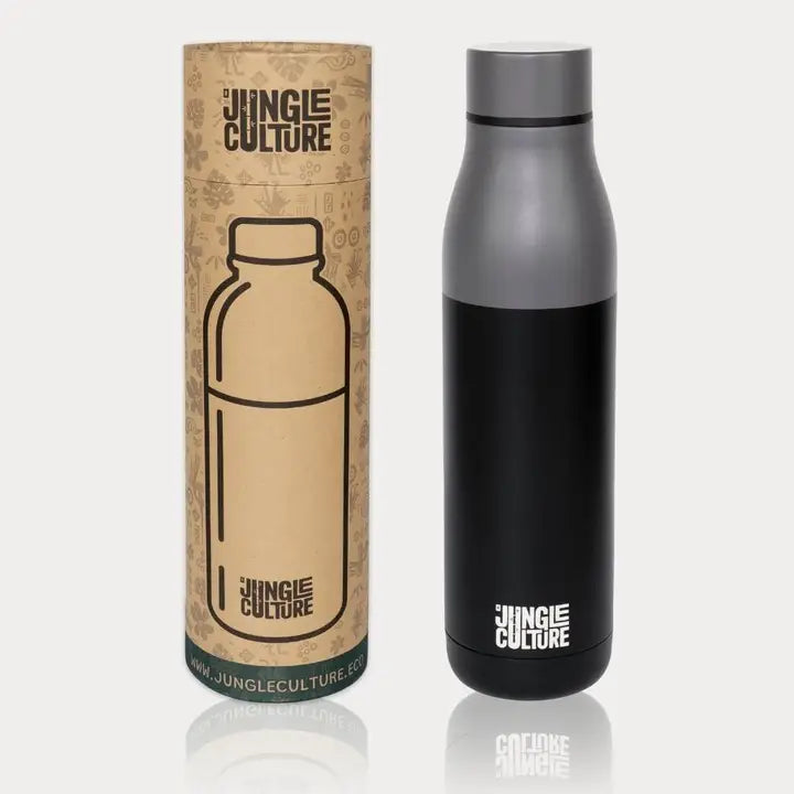 Black and gray insulated bottle with 'Jungle Culture' branding next to a cardboard tube packaging on a white background.