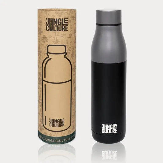 Black and gray insulated bottle with 'Jungle Culture' branding next to a cardboard tube packaging on a white background.