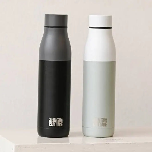 Two insulated bottles with different color schemes on a light background