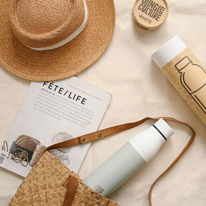 Woven bag, water bottle, magazine, and hat on a beige surface