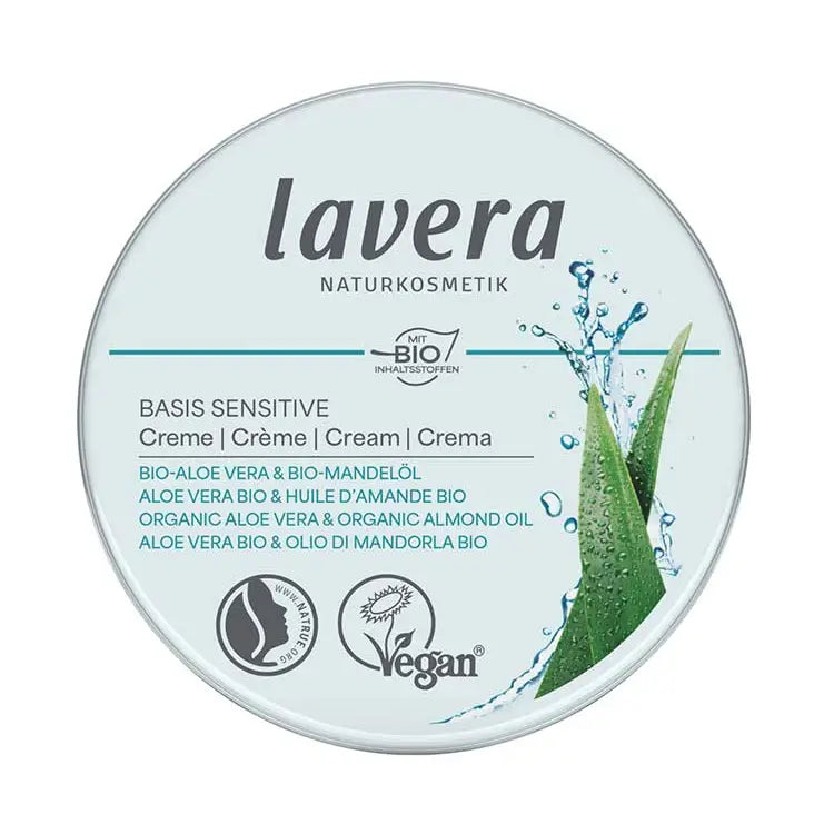 Lavera round tin, with words describing that it is cream for sensitive skin. With Aloe Vera and Almond Oil. Organic and Vegan.