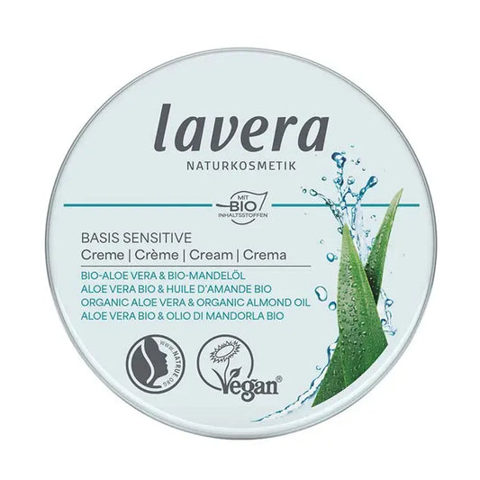 Lavera round tin, with words describing that it is cream for sensitive skin. With Aloe Vera and Almond Oil. Organic and Vegan.