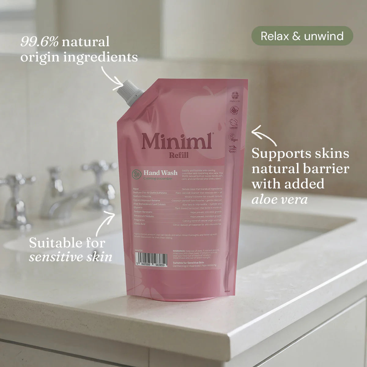 Miniml Hand Wash Calming Cucumber, 1 Litre Refill pouch.