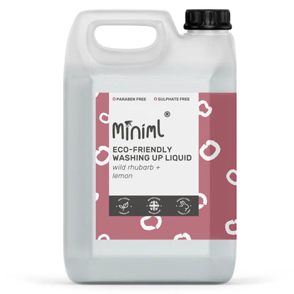 Miniml Eco-friendly washing up liquid container 5l with Miniml branding on a white background. Rhubarb and lemon