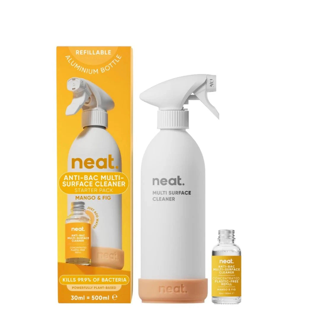 Neat multi-surface cleaner set with bottle, packaging, and refill on a white background