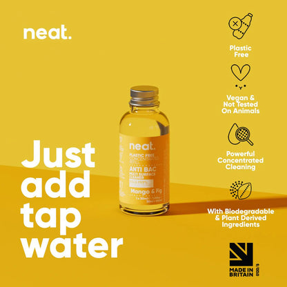 Bottle of 'neat' cleaning solution on a yellow background with branding and product features listed.