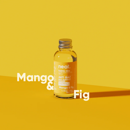 Bottle of 'neat' anti-bac hand gel with mango and fig flavor on a yellow background