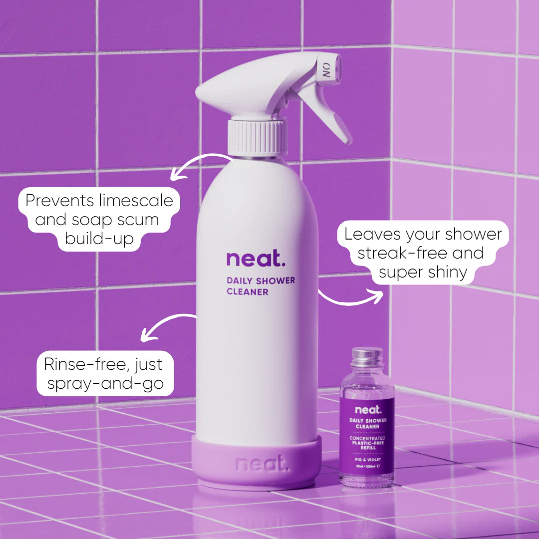 Neat daily shower cleaner bottle on a purple tiled background
