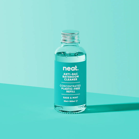 Bottle of neat anti-bac bathroom cleaner on a teal background