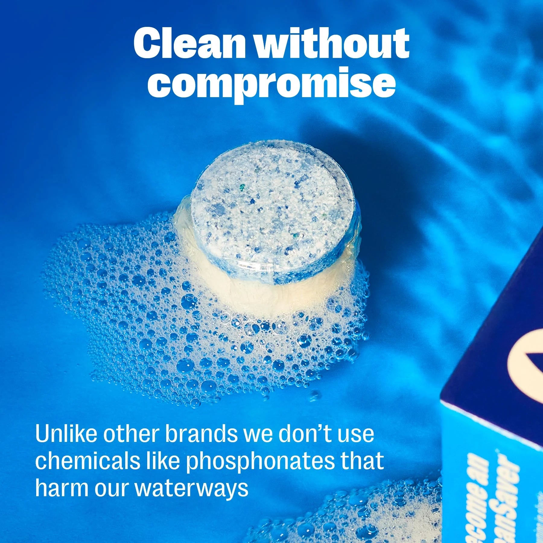 Bottle with foam and text about water purity and chemical use on a blue background